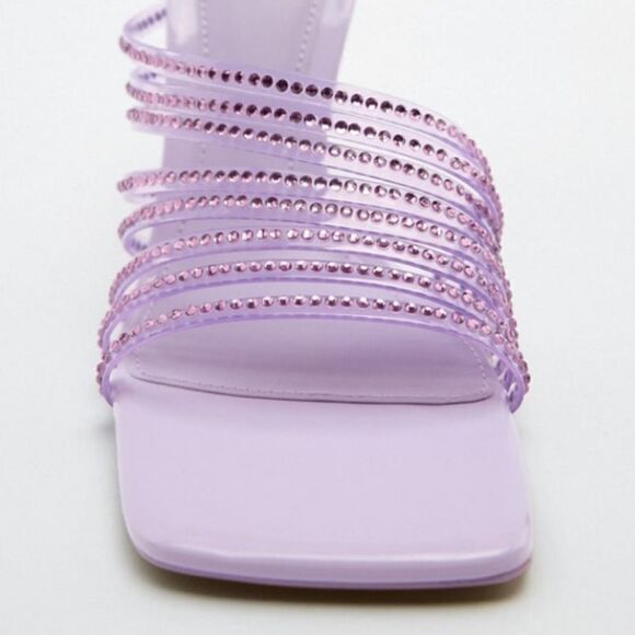 Zara Vinyl Purple Mauve Rhinestone Squared Toe High Heels Sandals Shoes - Picture 5 of 11